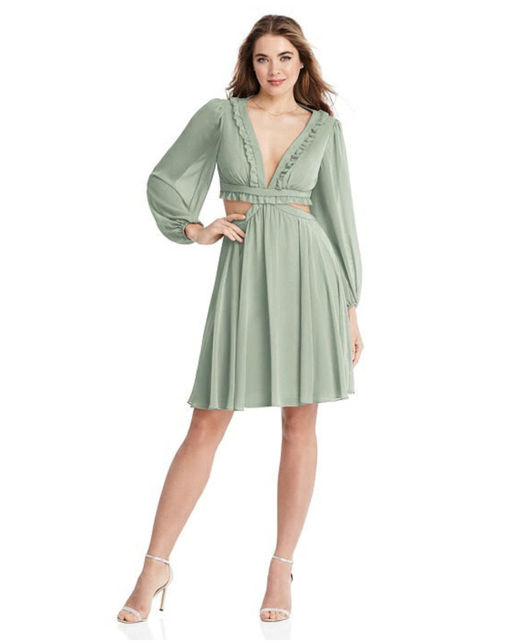 2020 Lovely Bishop Sleeve Ruffled Chiffon Cutout Mini Dress - Hannah - Chicago Bridal Store Company