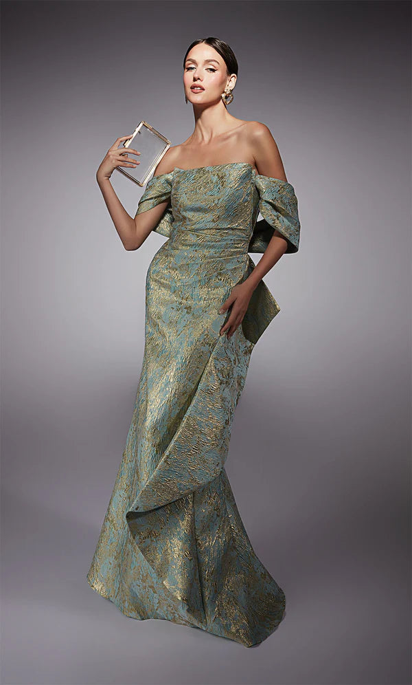 Seaglass Metallic Jacquard Off Shoulder Gown