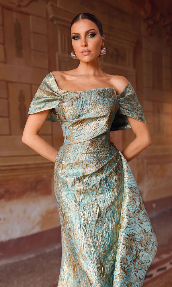 Seaglass Metallic Jacquard Off Shoulder Gown