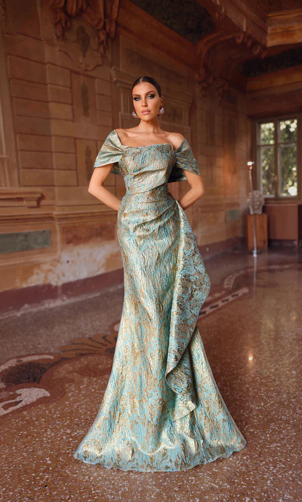Seaglass Metallic Jacquard Off Shoulder Gown