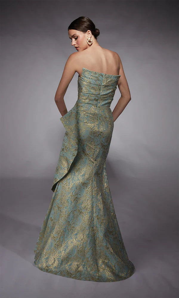 Seaglass Metallic Jacquard Off Shoulder Gown