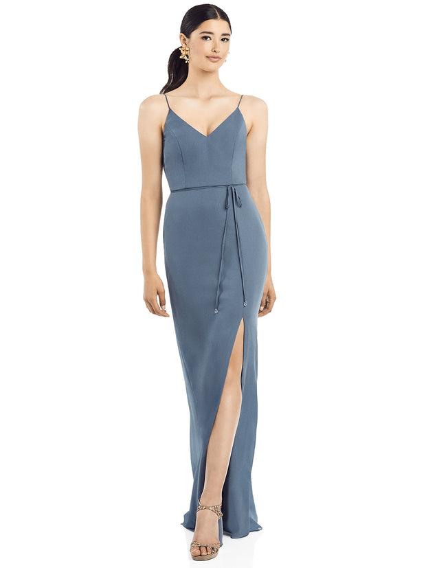2020 Ruffle V-Back Chiffon Dress with Jeweled Skinny Sash - Chicago Bridal Store Company