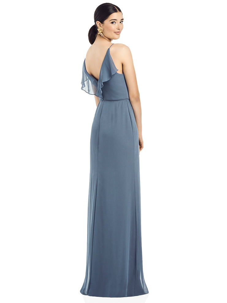 2020 Ruffle V-Back Chiffon Dress with Jeweled Skinny Sash - Chicago Bridal Store Company