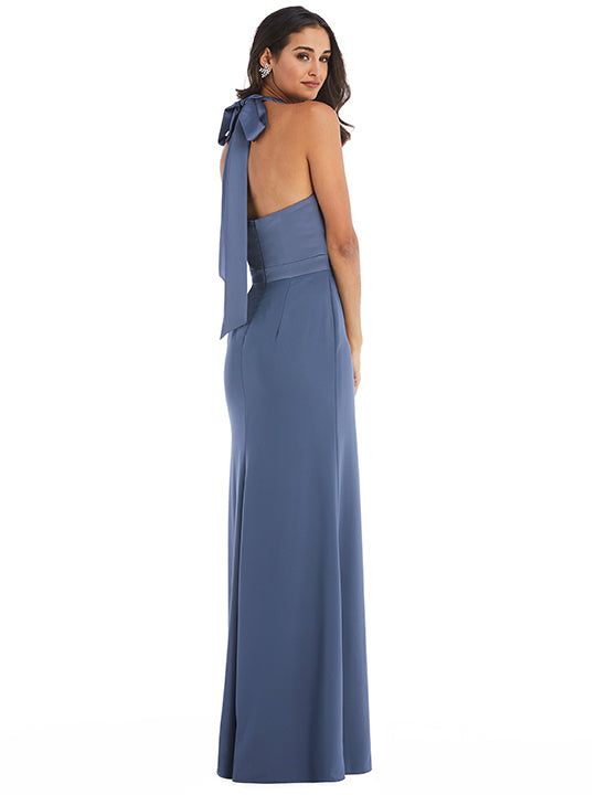 High-Neck Open-Back Maxi Dress with Scarf Tie