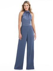 High-Neck Open-Back Jumpsuit with Scarf Tie