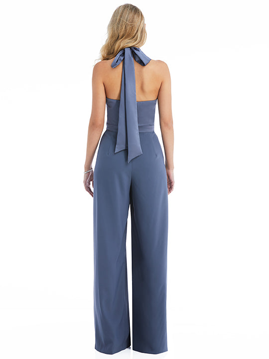 High-Neck Open-Back Jumpsuit with Scarf Tie