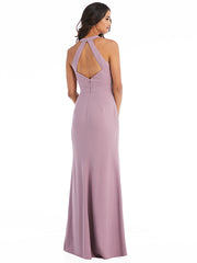 Open-Back Halter Maxi Dress with Draped Bow