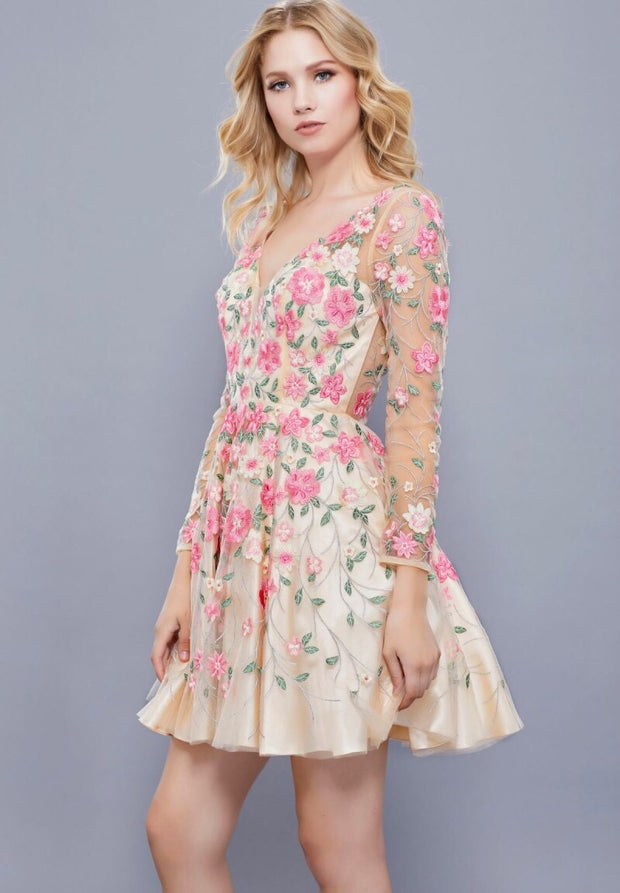 Floral Open Back Sheer Sleeve Short Dress - Chicago Bridal Store Company