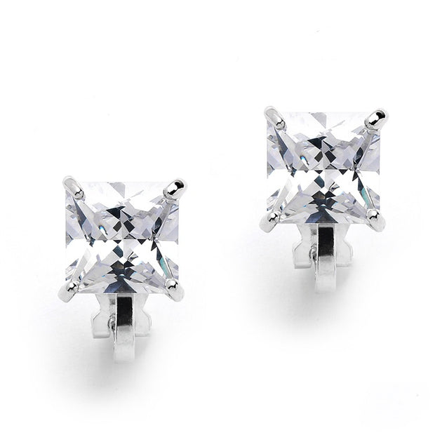 Clip-On Earrings with 2 Carat 8mm Princess Cut CZ Solitaire - Chicago Bridal Store Company