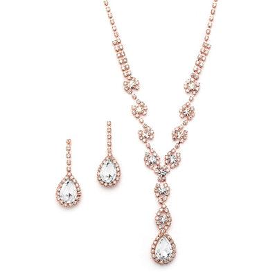Rose Gold Dramatic Rhinestone Prom or Wedding Necklace Set with Pear Drops 4231S-RG - Chicago Bridal Store Company