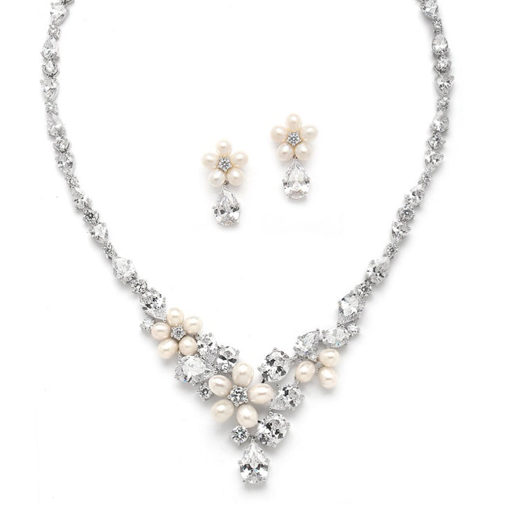 Ravishing Freshwater Pearl and CZ Statement Necklace and Earrings Set - Chicago Bridal Store Company