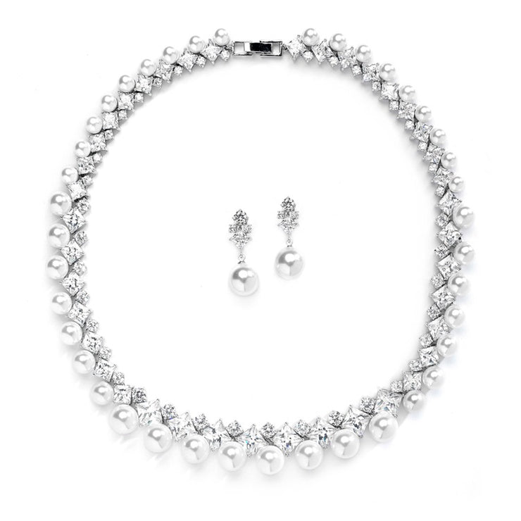 Glamorous CZ and White Pearl Wedding Necklace and Earrings Set - Chicago Bridal Store Company