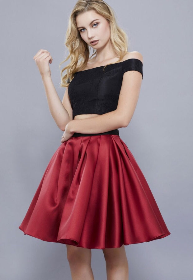 BURGUNDY & BLACK TWO PIECE DRESS WITH OFF THE SHOULDER TOP - Chicago Bridal Store Company