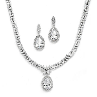 Regal CZ Bridal Necklace and Earrings Set with Marquise & Pear Shaped Drop - Chicago Bridal Store Company