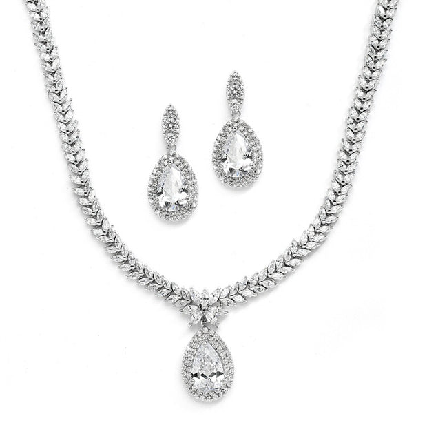 Regal CZ Bridal Necklace and Earrings Set with Marquise & Pear Shaped Drop - Chicago Bridal Store Company