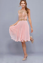 Bashful Pink Short Chiffon Dress with Gold Bodice - Chicago Bridal Store Company