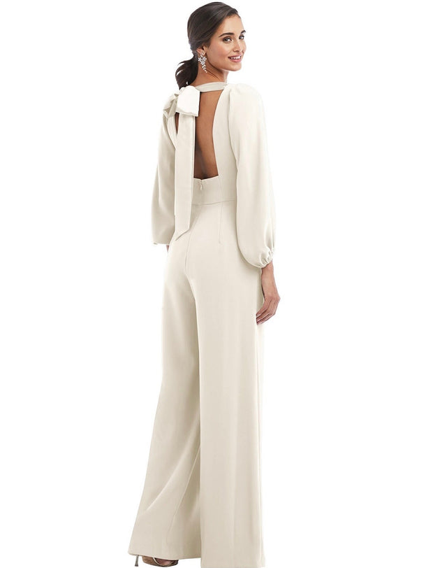 Bridal Jumpsuit with Bishop Sleeves & Tie Back