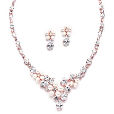 Ravishing Rose Gold Freshwater Pearl and CZ Statement Necklace and Earrings Set - Chicago Bridal Store Company