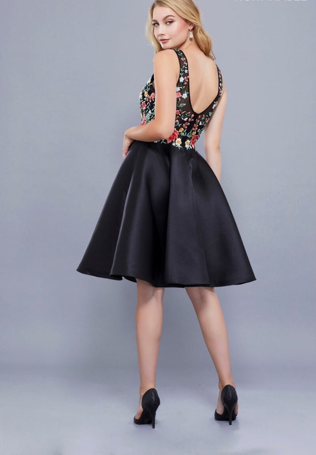 BLACK FLORAL EMBROIDERED SHORT V NECK DRESS - Chicago Bridal Store Company
