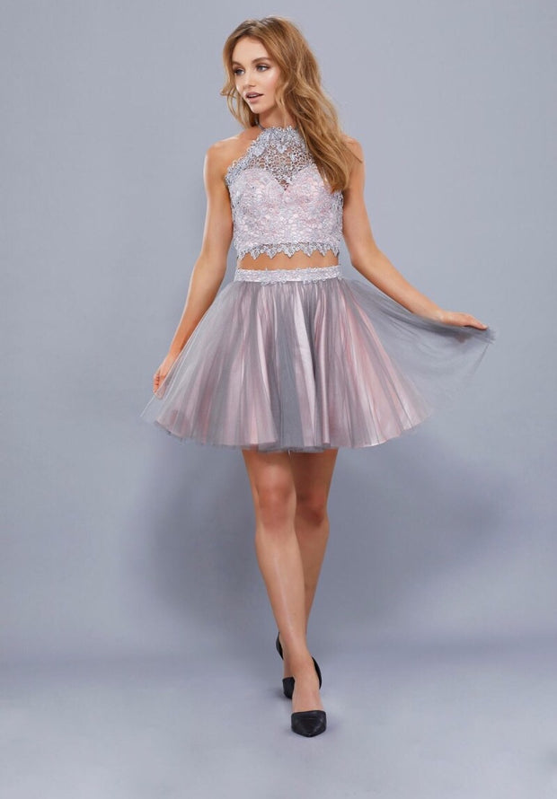 Gray & Pink Two Piece Halter Neckline Short Dress - Chicago Bridal Store Company
