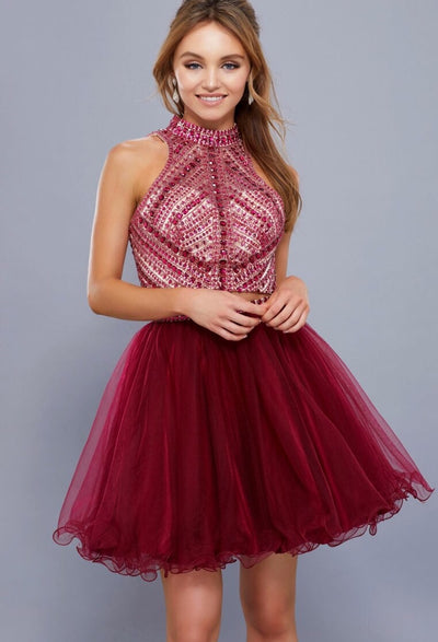BurgundyTwo Piece Dress with Tulle Skirt and Beaded Top - Chicago Bridal Store Company