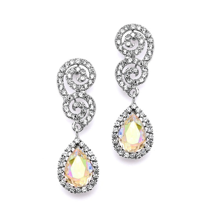 Crystal Scroll Wedding or Prom Earrings with AB Teardrop - Chicago Bridal Store Company