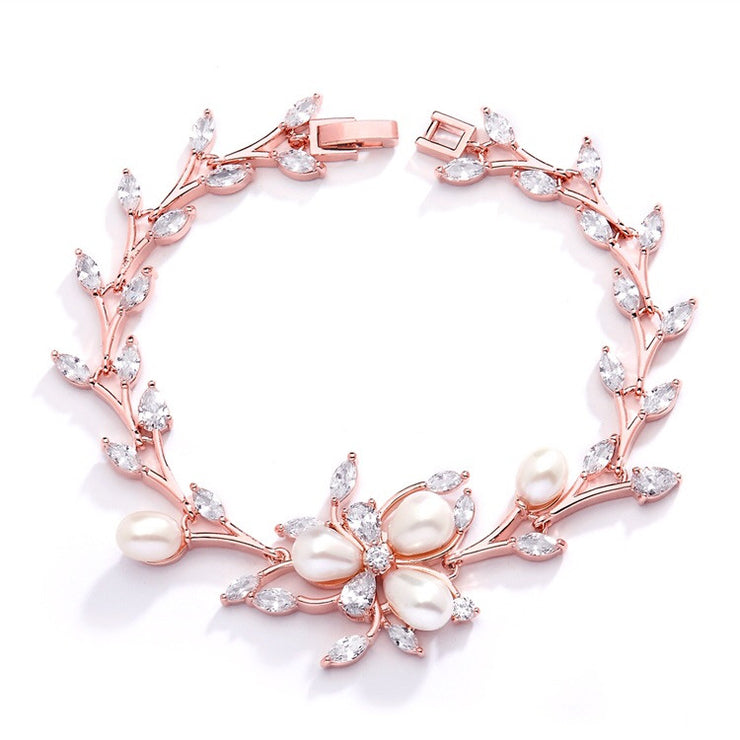Rose Gold and Freshwater Pearls in CZ Leaves Bracelet 3041B-RG - Chicago Bridal Store Company