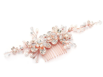 Fabulous Rose Gold Wedding or Brides Hair Comb with Pearl and Crystal Sprays 4071HC-RG - Chicago Bridal Store Company