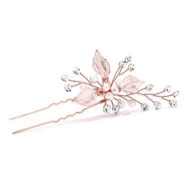 Top Selling Bridal Hair Pin with Silvery Rose Gold Leaves, Freshwater Pearl and Crystal Sprays - Chicago Bridal Store Company