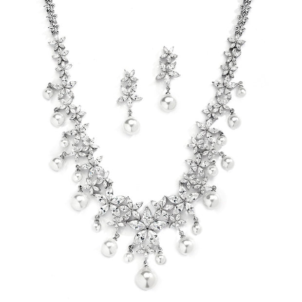 Glamorous White Pearl and CZ Bridal Statement Necklace Set - Chicago Bridal Store Company