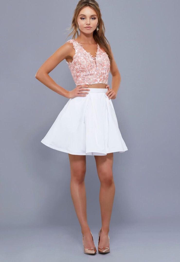 BLASHFUL PINK & WHITE TWO PIECE DRESS WITH V NECKLINE TOP AND FULL SKIRT - Chicago Bridal Store Company
