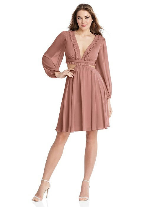 2020 Lovely Bishop Sleeve Ruffled Chiffon Cutout Mini Dress - Hannah - Chicago Bridal Store Company