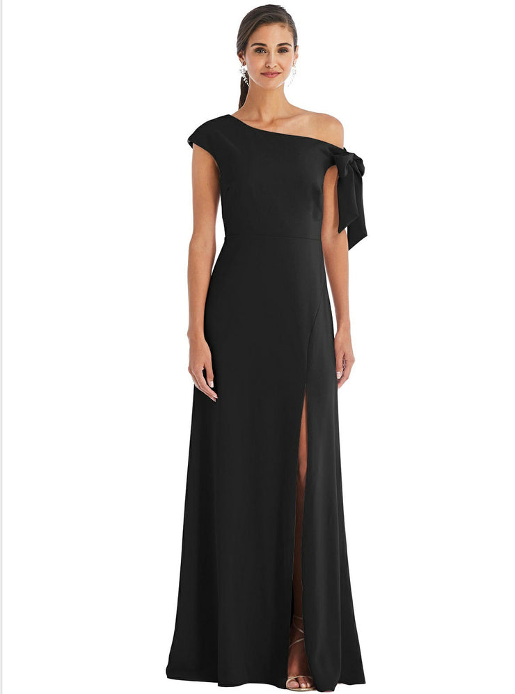 Off Shoulder Tie Bow Crepe Gown Sizes 0-18