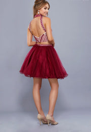 BurgundyTwo Piece Dress with Tulle Skirt and Beaded Top - Chicago Bridal Store Company