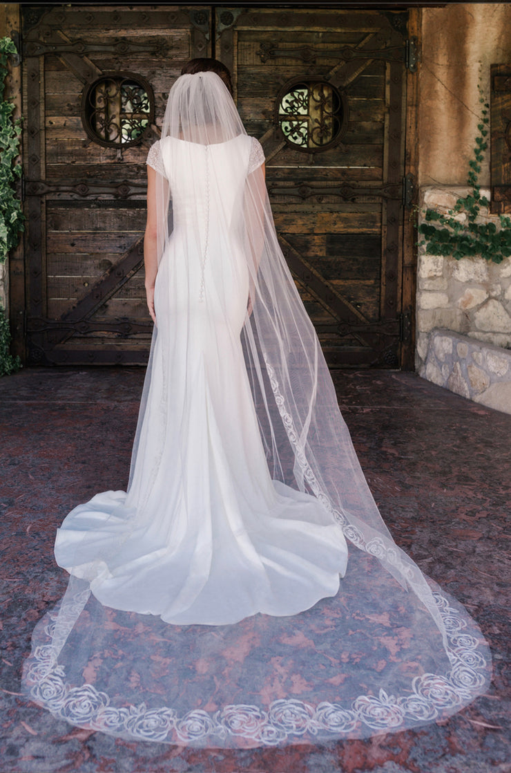 Bettie- English Tulle Floral Cathedral Wedding Veil
