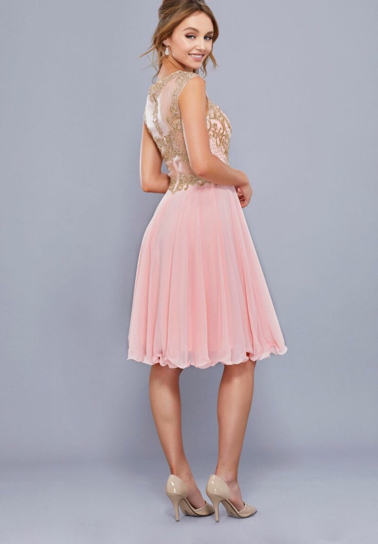 Burgundy Short Chiffon Dress with Gold Bodice - Chicago Bridal Store Company