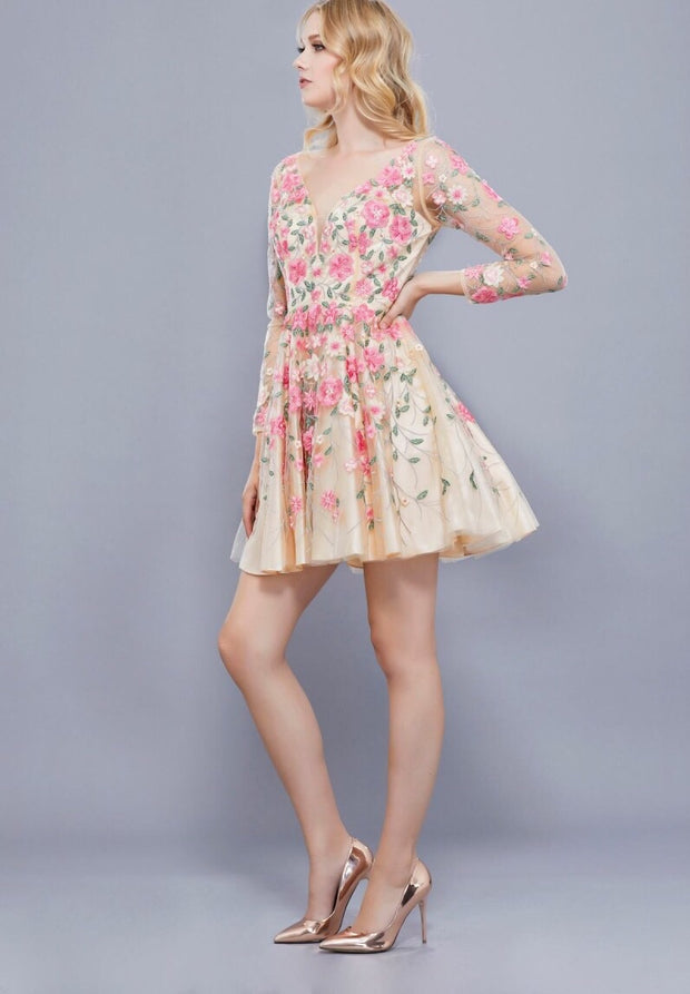 Floral Open Back Sheer Sleeve Short Dress - Chicago Bridal Store Company
