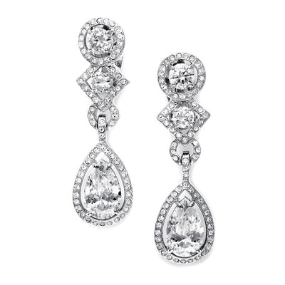 CZ Clip-On Wedding Earrings with Pear Dangle - Chicago Bridal Store Company