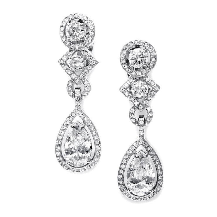 CZ Clip-On Wedding Earrings with Pear Dangle - Chicago Bridal Store Company