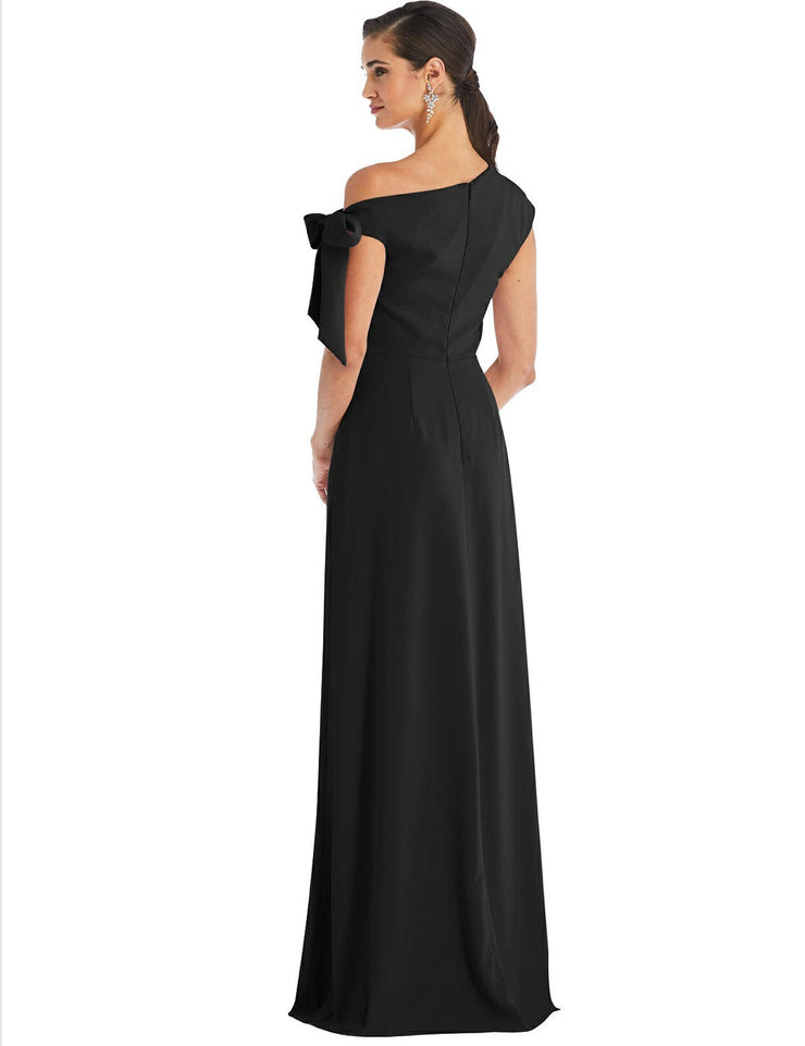 Off Shoulder Tie Bow Crepe Gown Sizes 0-18