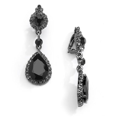 Jet Black Crystal Clip-On Earrings with Teardrop Dangles - Chicago Bridal Store Company