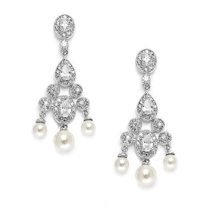 Cubic Zirconia Bridal Chandelier with Pearl Drops 3601E - Chicago Bridal Store Company