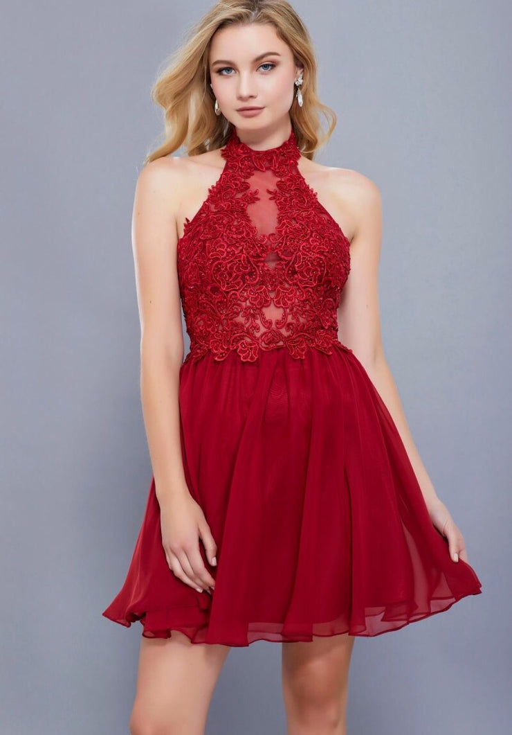 BURGUNDY LACE HALTER CHIFFON DRESS - Chicago Bridal Store Company