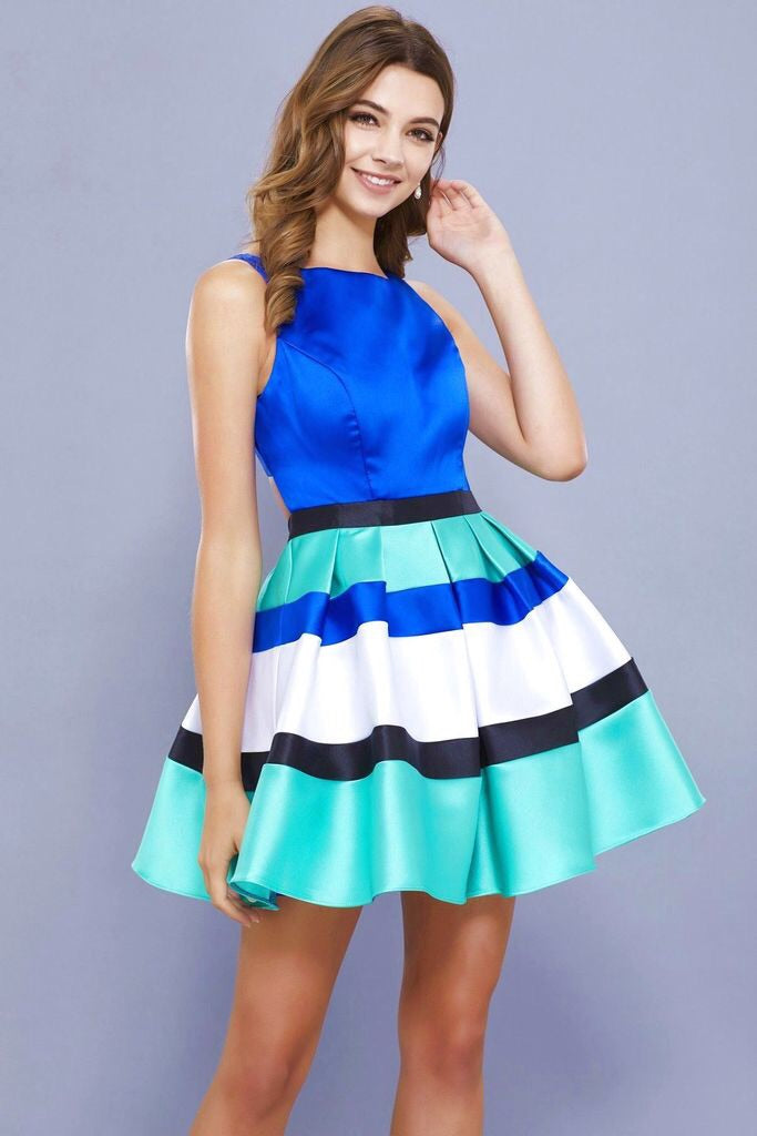 Royal Color block Sleeveless Bateau Mikado Short Dress - Chicago Bridal Store Company