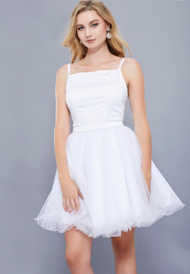 WHITE SHORT SLEEVELESS DRESS WITH TULLE RUFFLED SKIRT - Chicago Bridal Store Company