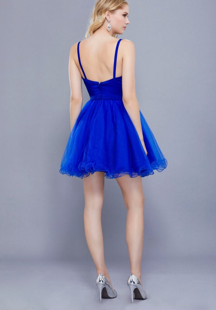 Royal Blue SHORT SLEEVELESS DRESS WITH TULLE RUFFLED SKIRT - Chicago Bridal Store Company