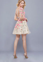 Floral Open Back Sheer Sleeve Short Dress - Chicago Bridal Store Company
