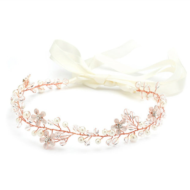 Designer Handmade Rose Gold Bridal Headband with Dainty Floral Vines 4564HB-I-RG - Chicago Bridal Store Company
