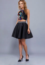 TWO PIECE MIKADO SKIRT WITH EMBROIDERED TOP BLACK DRESS - Chicago Bridal Store Company