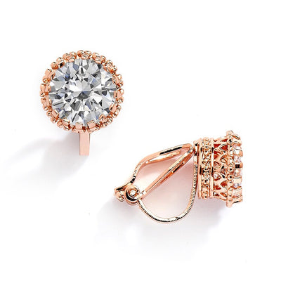 Rose Gold Crown Setting Clip-On 2.0 Carat Round Solitaire Cubic Zirconia Stud Earrings 4559EC-RG - Chicago Bridal Store Company